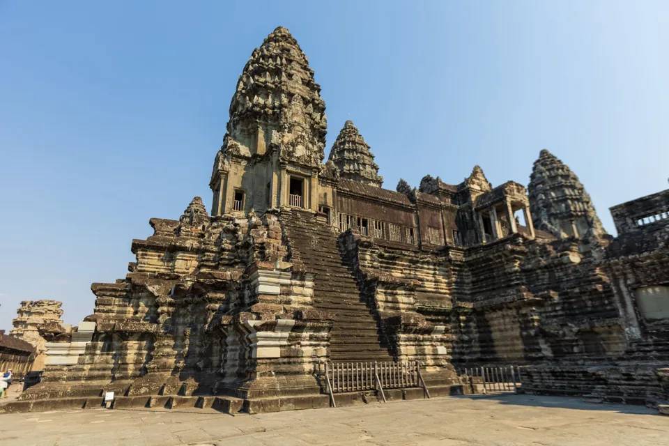 Angkor Wat’s towers rise above steep stone steps.