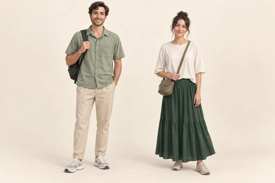 Illustrated visitors wearing sleeved tops, ankle-length trousers or skirt and comfortable walking shoes