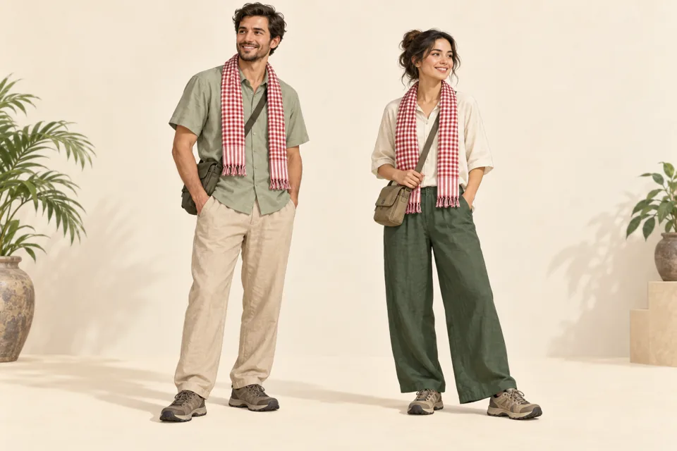 AI illustration: An optional krama alongside covered clothing; not a compulsory visitor costume.