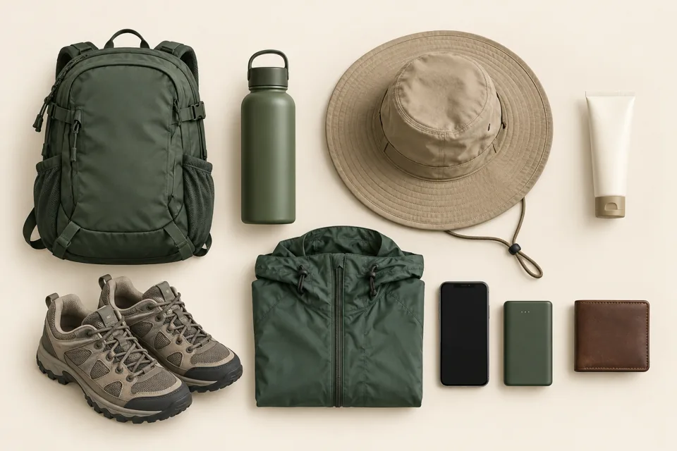 Illustrated day bag with water bottle, sun hat, sunscreen, walking shoes, rain layer, phone, power bank and wallet