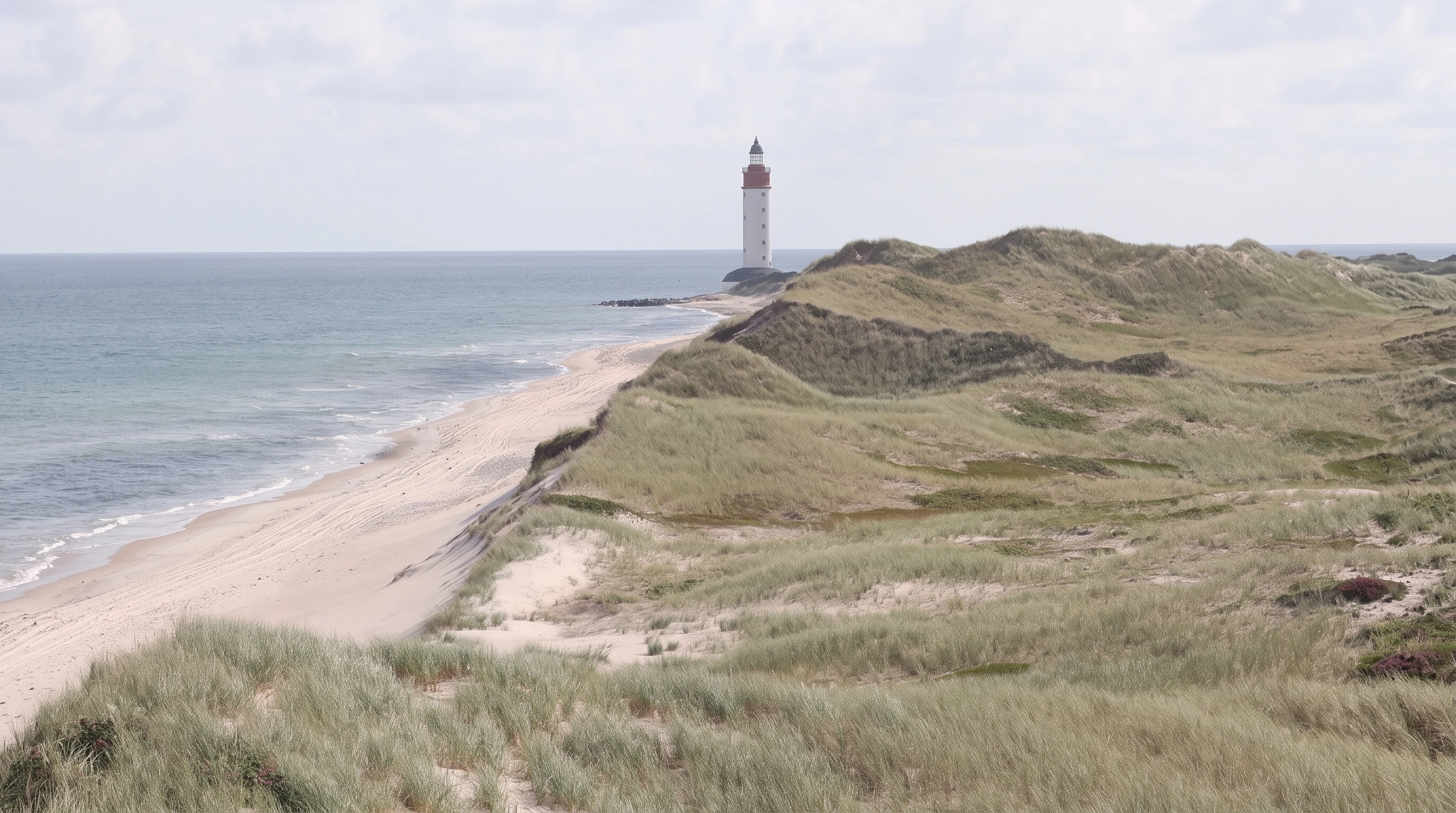 AI-created editorial illustration of the real North Beach dunes and white Anholt lighthouse on the island's exposed eastern coast