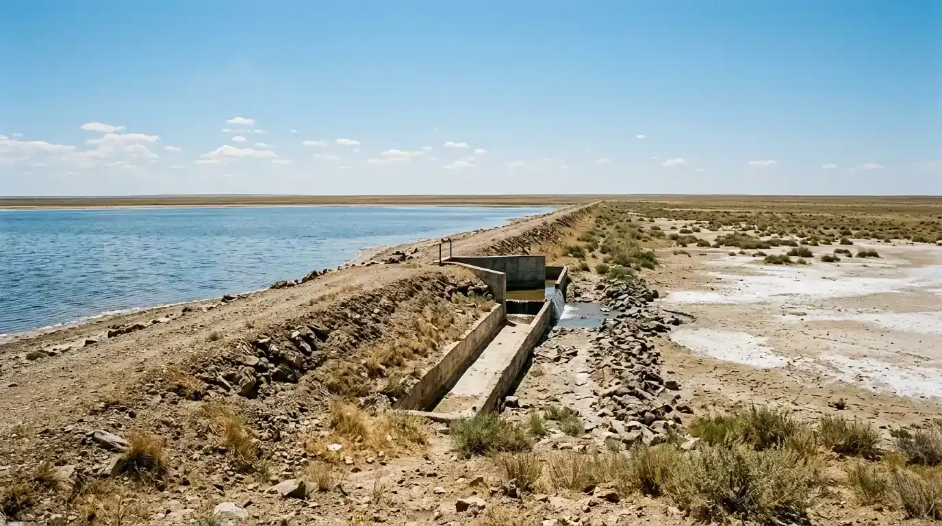 Interpretive AI-created illustration of a long low earth and rock dam holding open water on one side and dry salt flat on the other