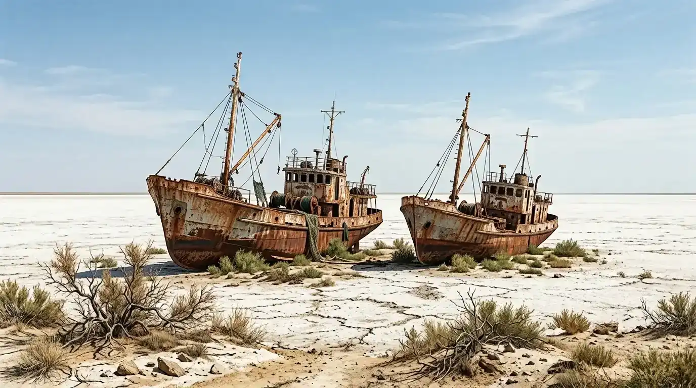 Interpretive AI-created illustration of two rusting steel fishing trawlers stranded upright on a dry white salt flat