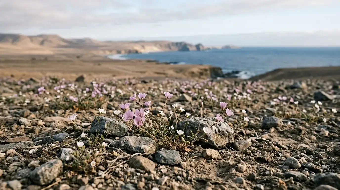 Interpretive AI-created illustration of scattered pale mauve and white desert wildflowers growing between stones and dry gravel