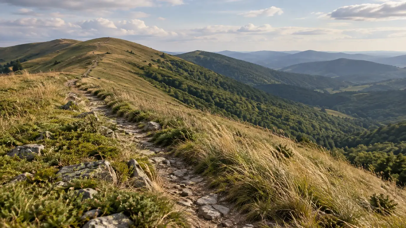 AI-created illustration: a grassy ridge above forested mountain slopes