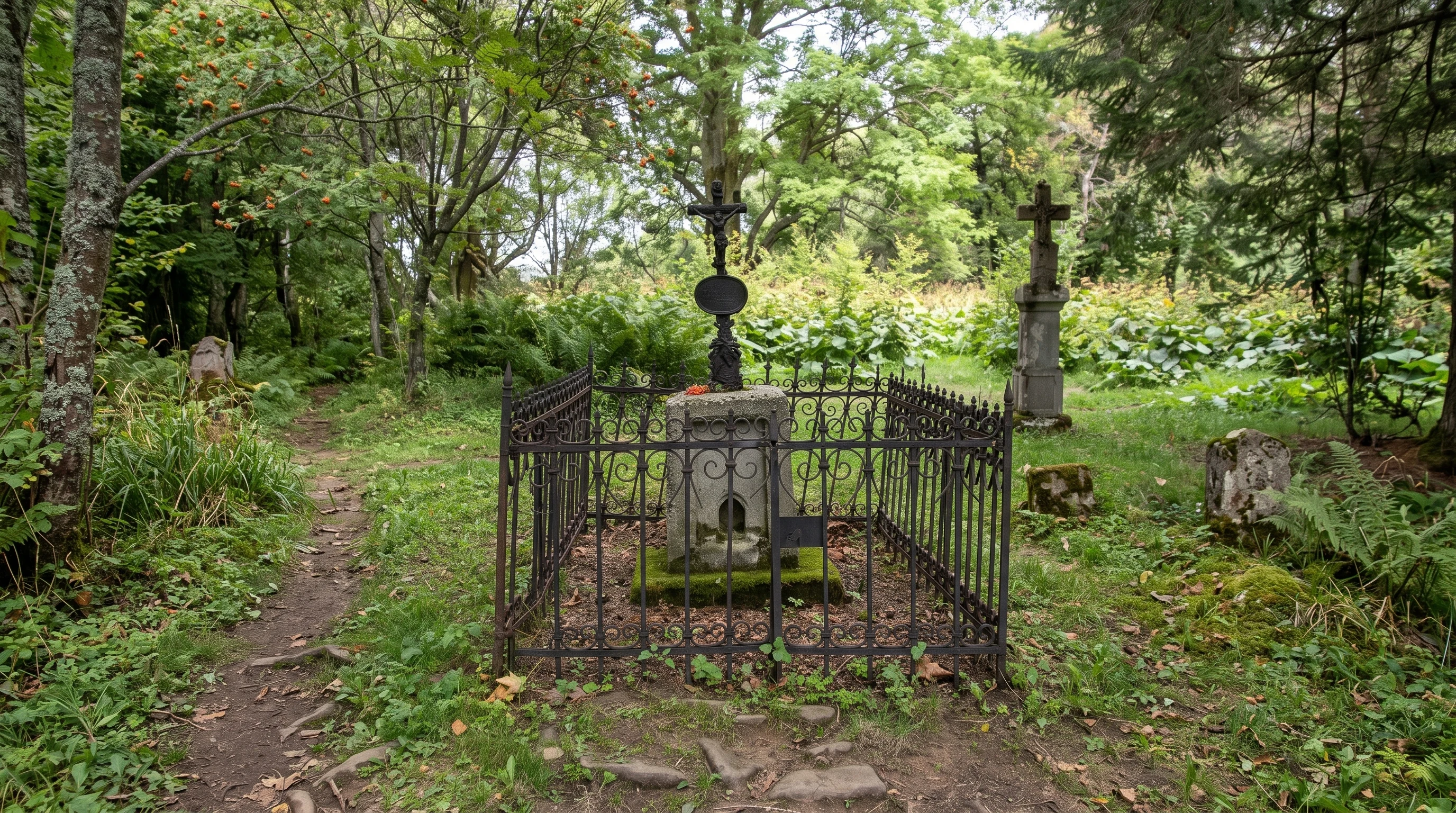 AI-created editorial illustration of a real marked path beside an old cemetery and surviving fruit trees in the former village landscape of Wołosate in Bieszczady National Park