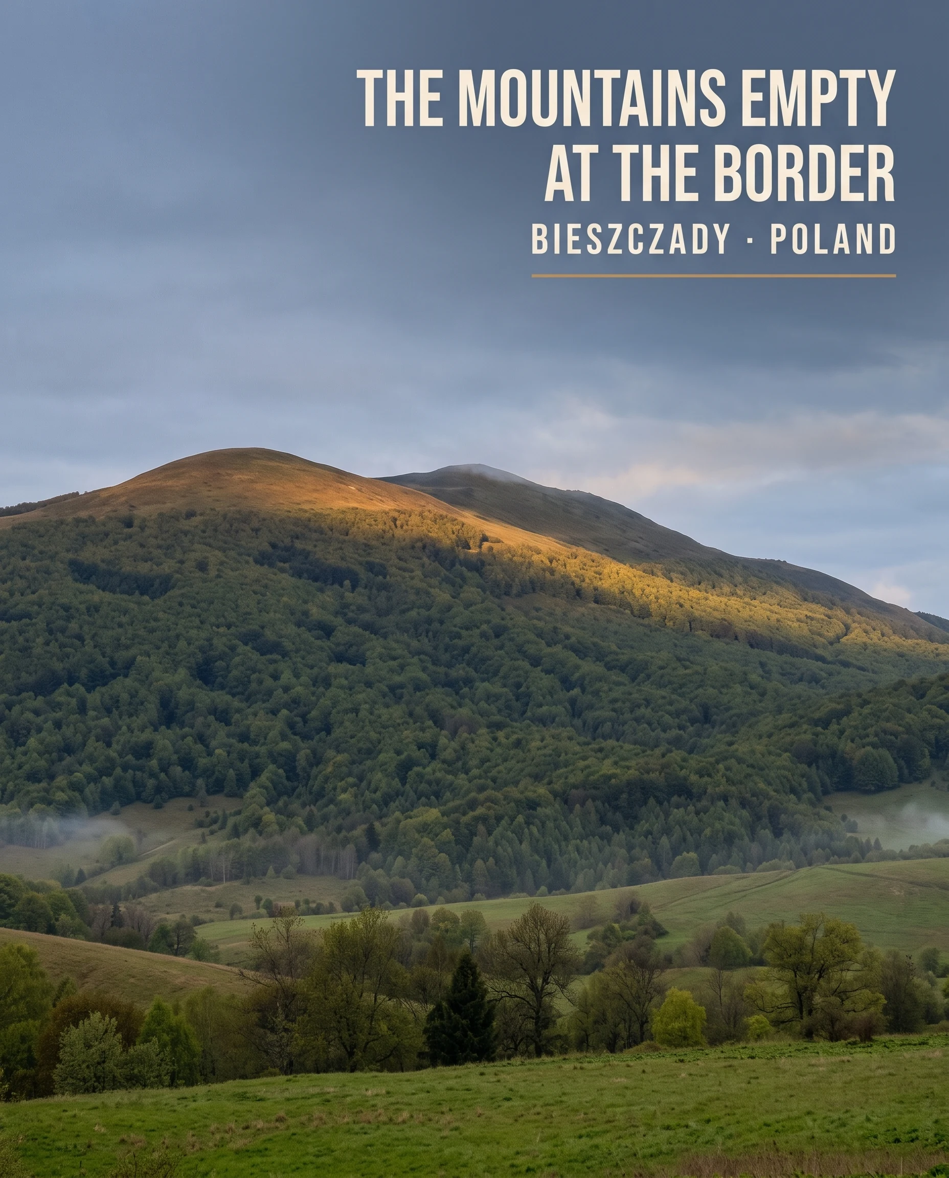 AI-created editorial illustration of the real broad grass ridge and layered forested valleys of Połonina Caryńska in Poland's Bieszczady Mountains