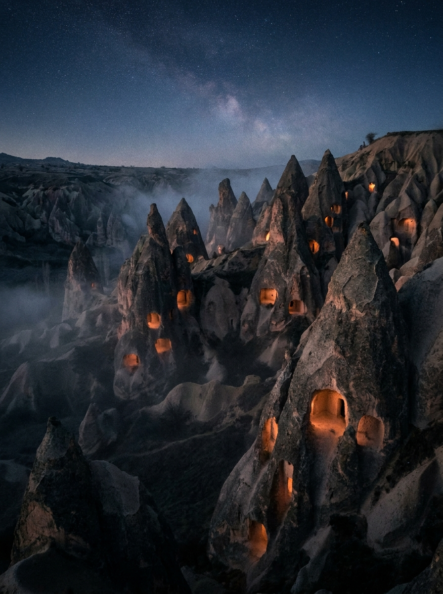 AI-created editorial illustration of volcanic rock spires at night with glowing carved doorways, in the style of Cappadocia