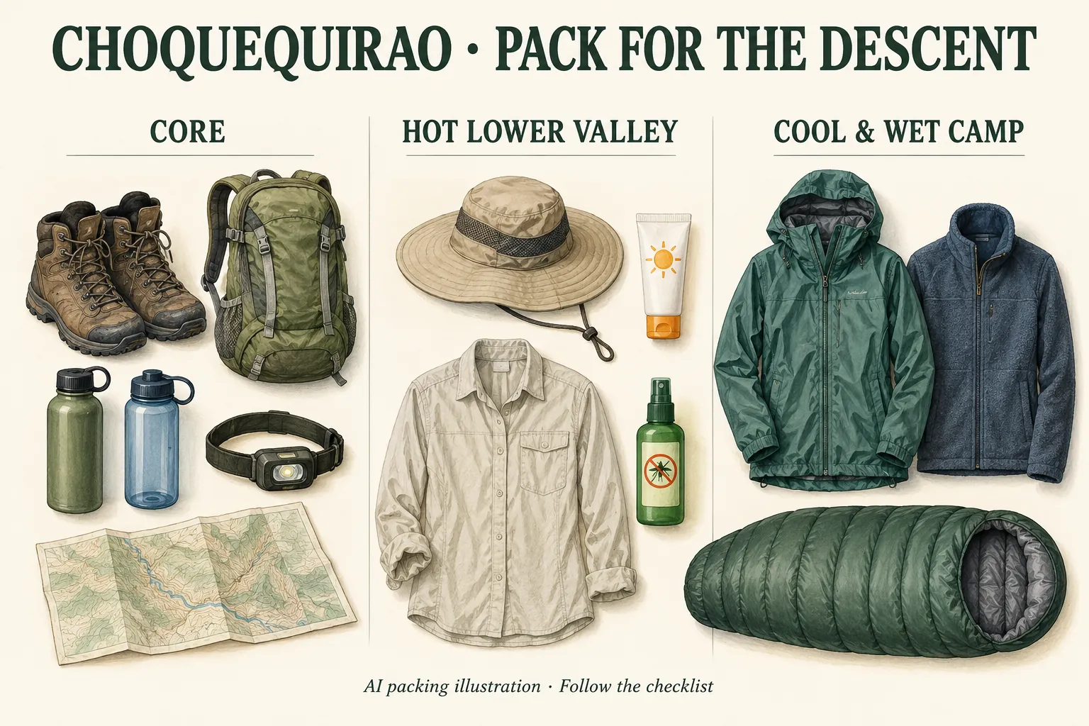 AI illustration: AI-generated packing illustration: suggested layers and equipment for the conditions. Follow the readable checklist and current local guidance.