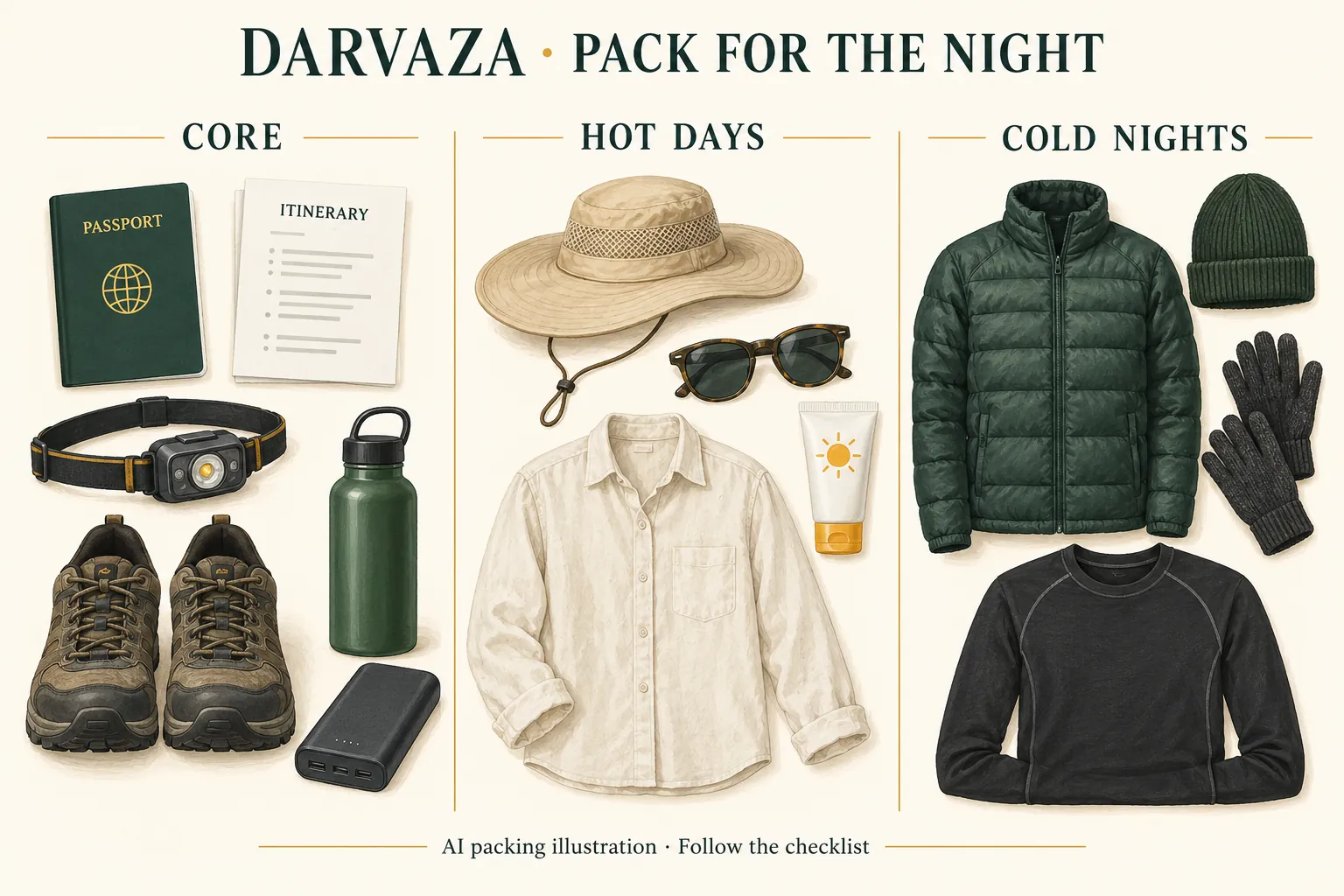 AI illustration: AI-generated packing illustration: suggested layers and equipment for the conditions. Follow the readable checklist and current local guidance.