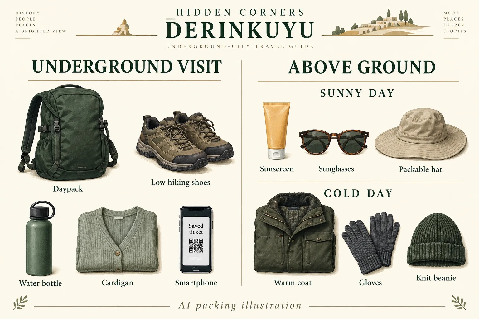 AI illustration: Compact bag, footwear, water, removable layer and saved details for the underground visit; sun protection or warm outer layers for surface conditions.