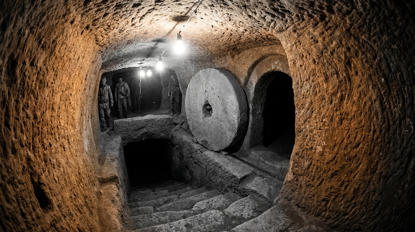 Interpretive AI-created illustration of a narrow carved tunnel with a round stone door inside an underground city