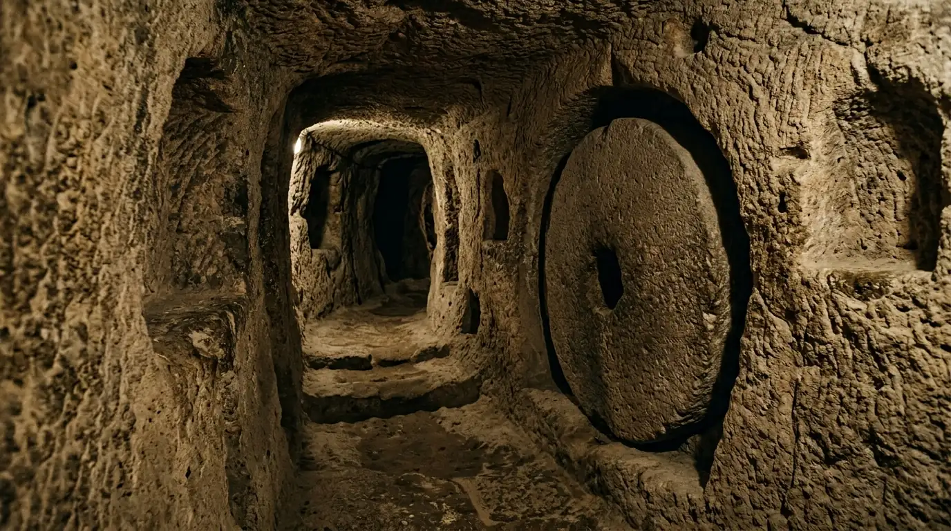 Interpretive AI-created illustration of a narrow carved tunnel with a round stone door inside an underground city