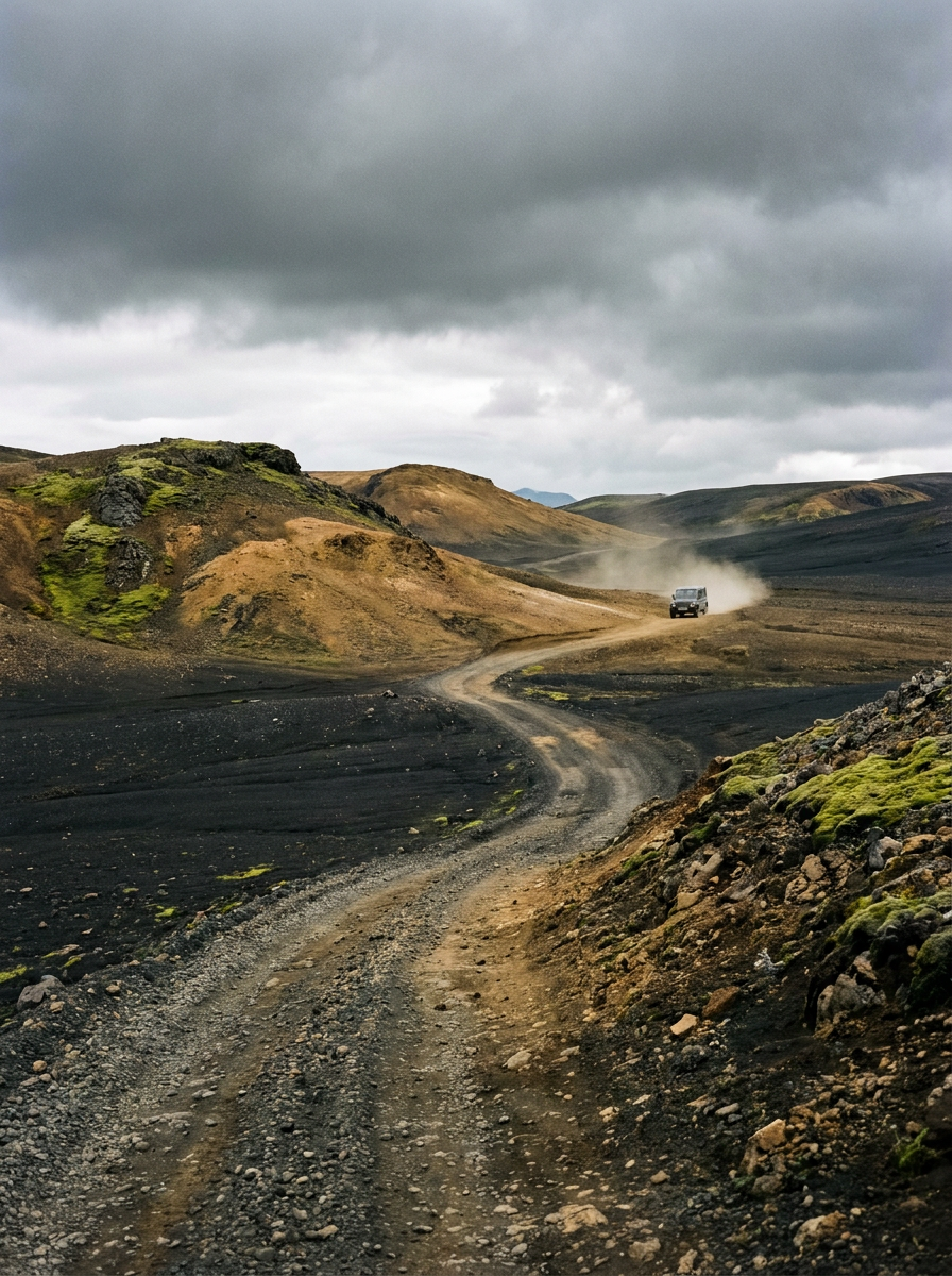 AI-created editorial illustration of a lone 4x4 on a gravel F-road track through the volcanic Icelandic Highlands