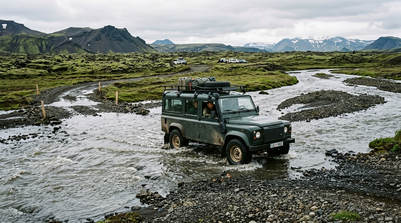 AI-created editorial illustration of a 4x4 fording a braided glacial river on an Icelandic F-road