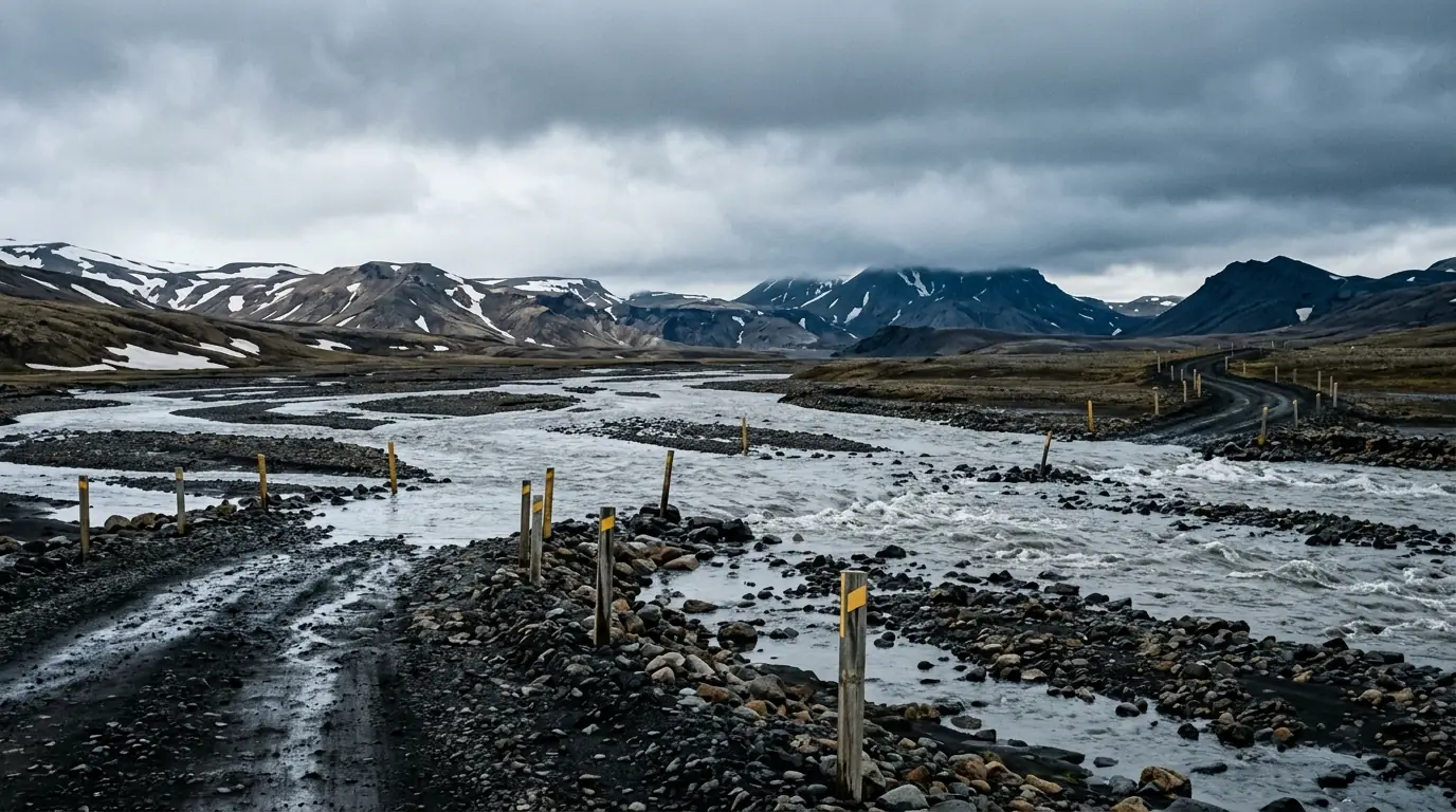 AI-created editorial illustration of a 4x4 fording a braided glacial river on an Icelandic F-road