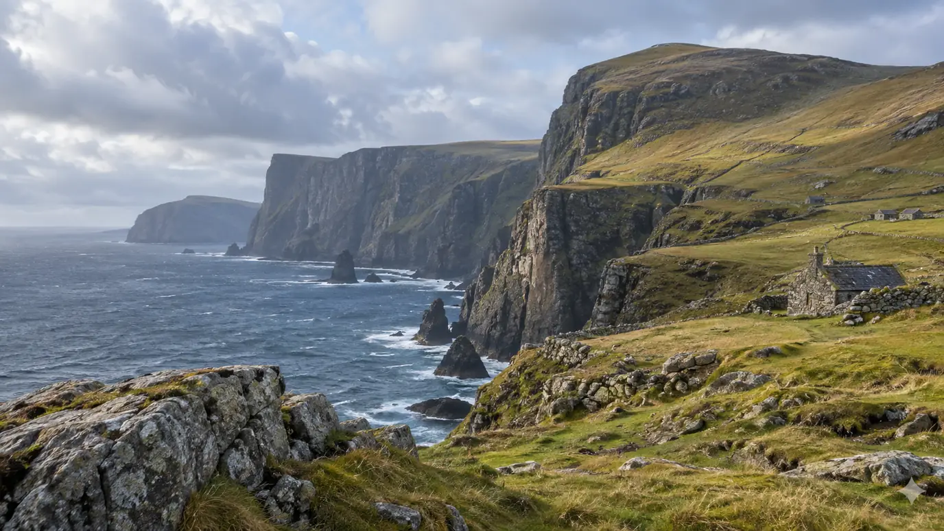 AI-created illustration: a grassy clifftop and stone ruins