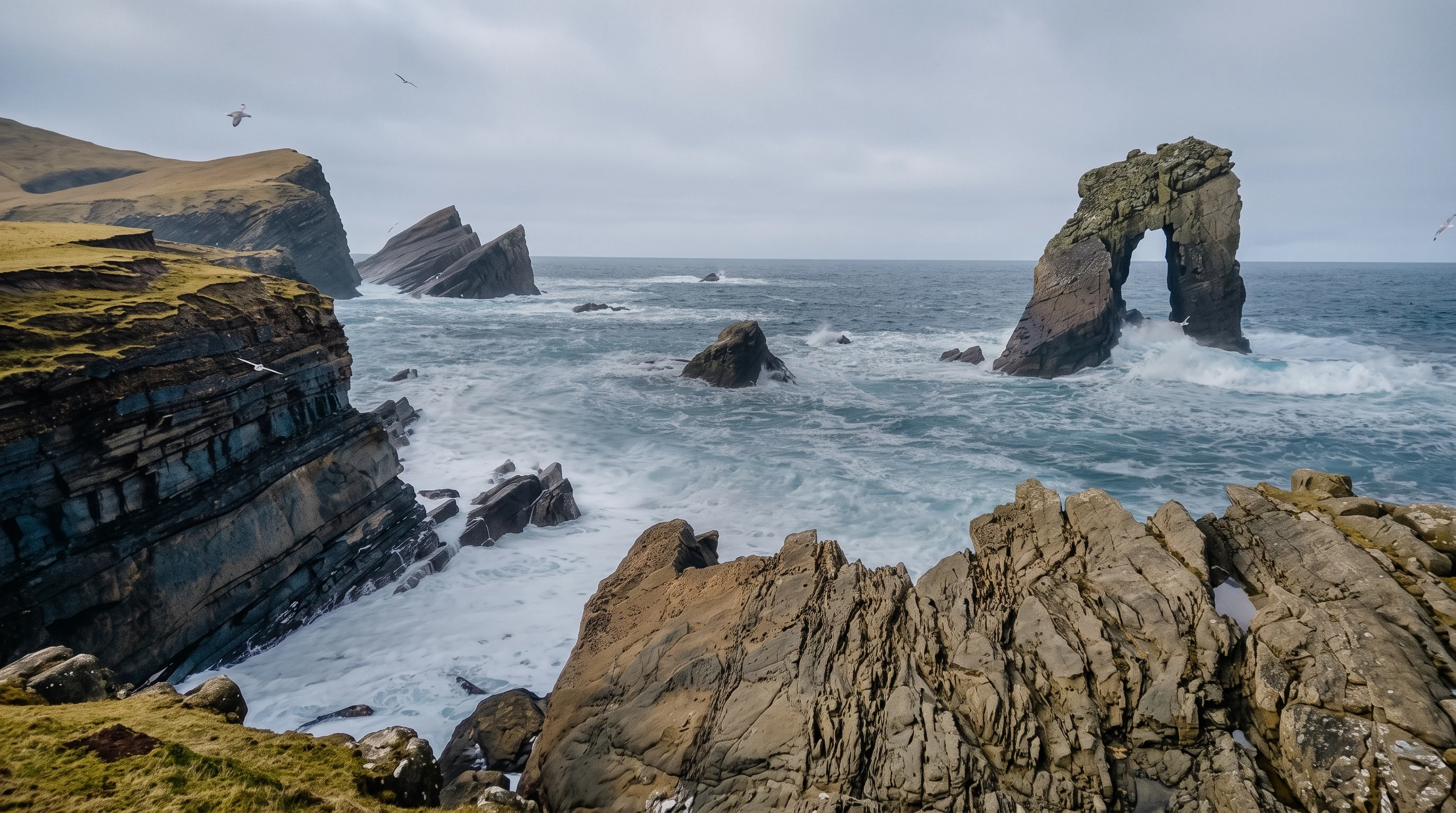 AI-created editorial illustration of the real triple-legged sea arch of Gaada Stack and exposed northern coast of Foula