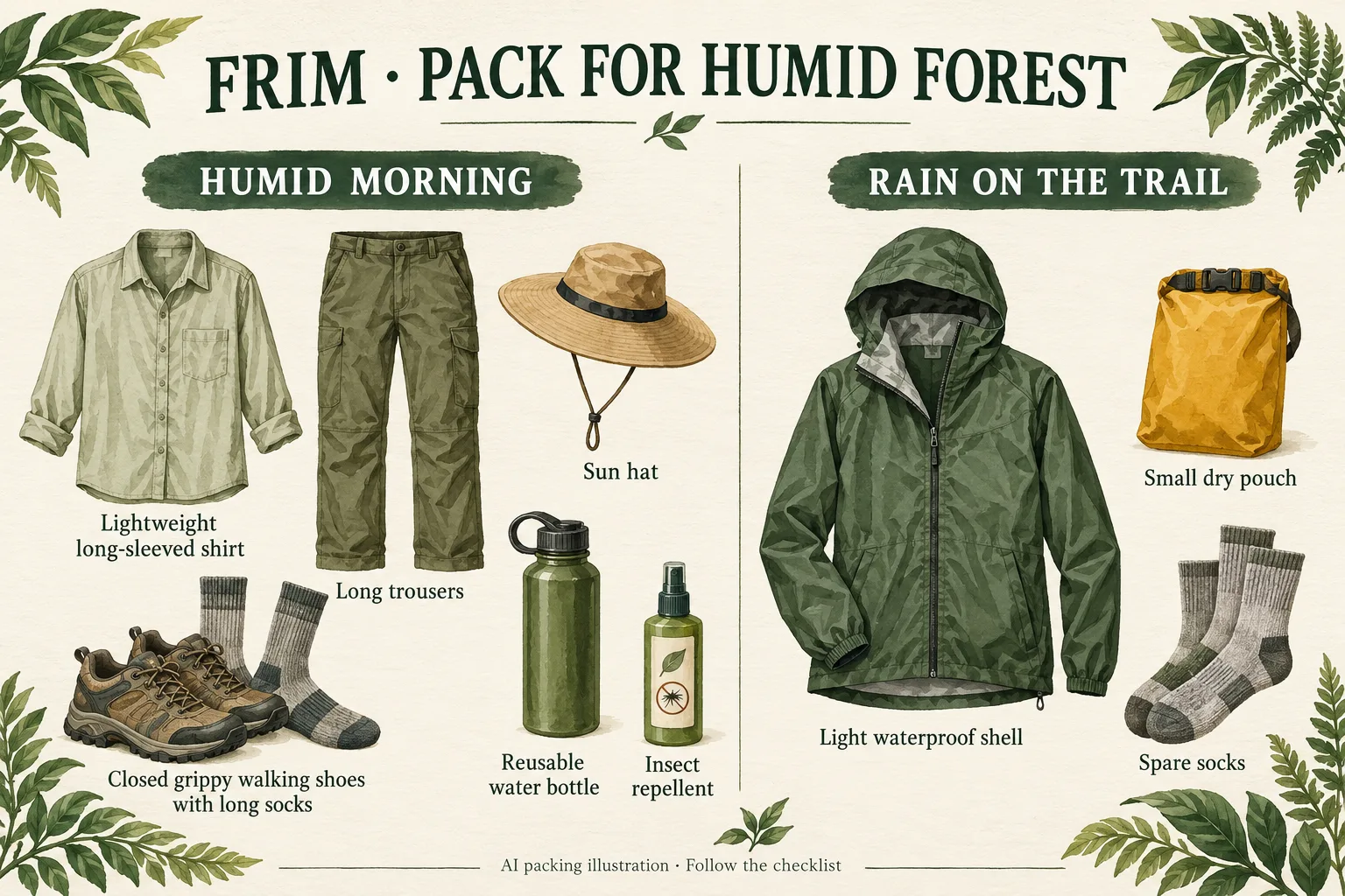 AI illustration: Suggested kit for the conditions shown. Use the readable checklist, current access advice and any operator equipment requirements.