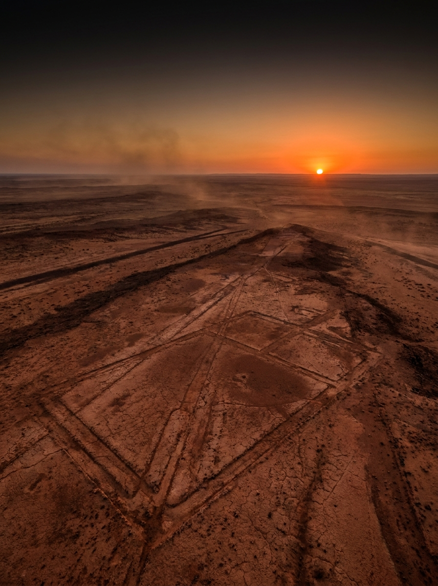 AI-created editorial illustration of a colossal geometric figure carved into red desert earth at sunset