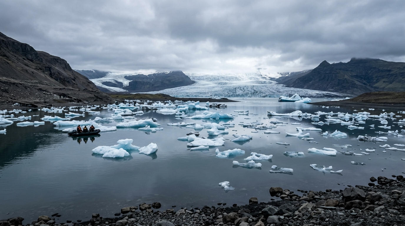 AI-created editorial illustration of icebergs drifting in a glacial lagoon below a retreating glacier terminus in Iceland