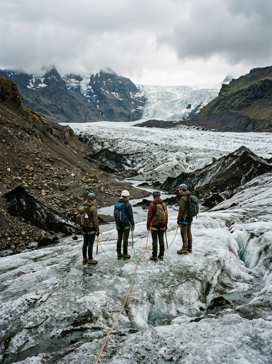 AI-created editorial illustration of a roped group standing on a retreating Icelandic glacier tongue between fresh moraines