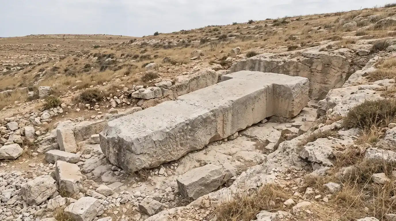 Interpretive AI-created illustration of a huge unfinished T-shaped limestone pillar lying abandoned in a shallow bedrock quarry on a dry hillside