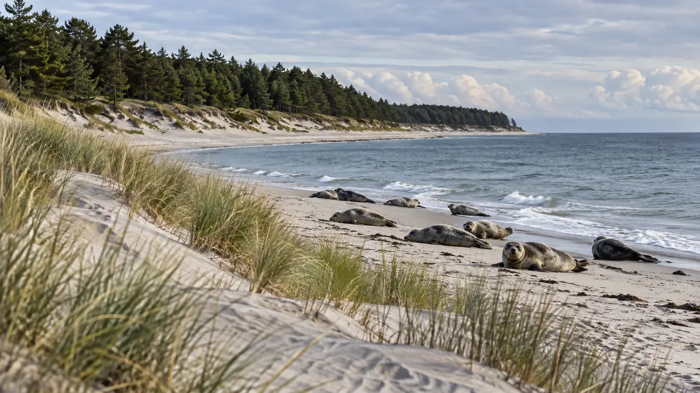 AI-created illustration: a sandy beach fringed by pine trees