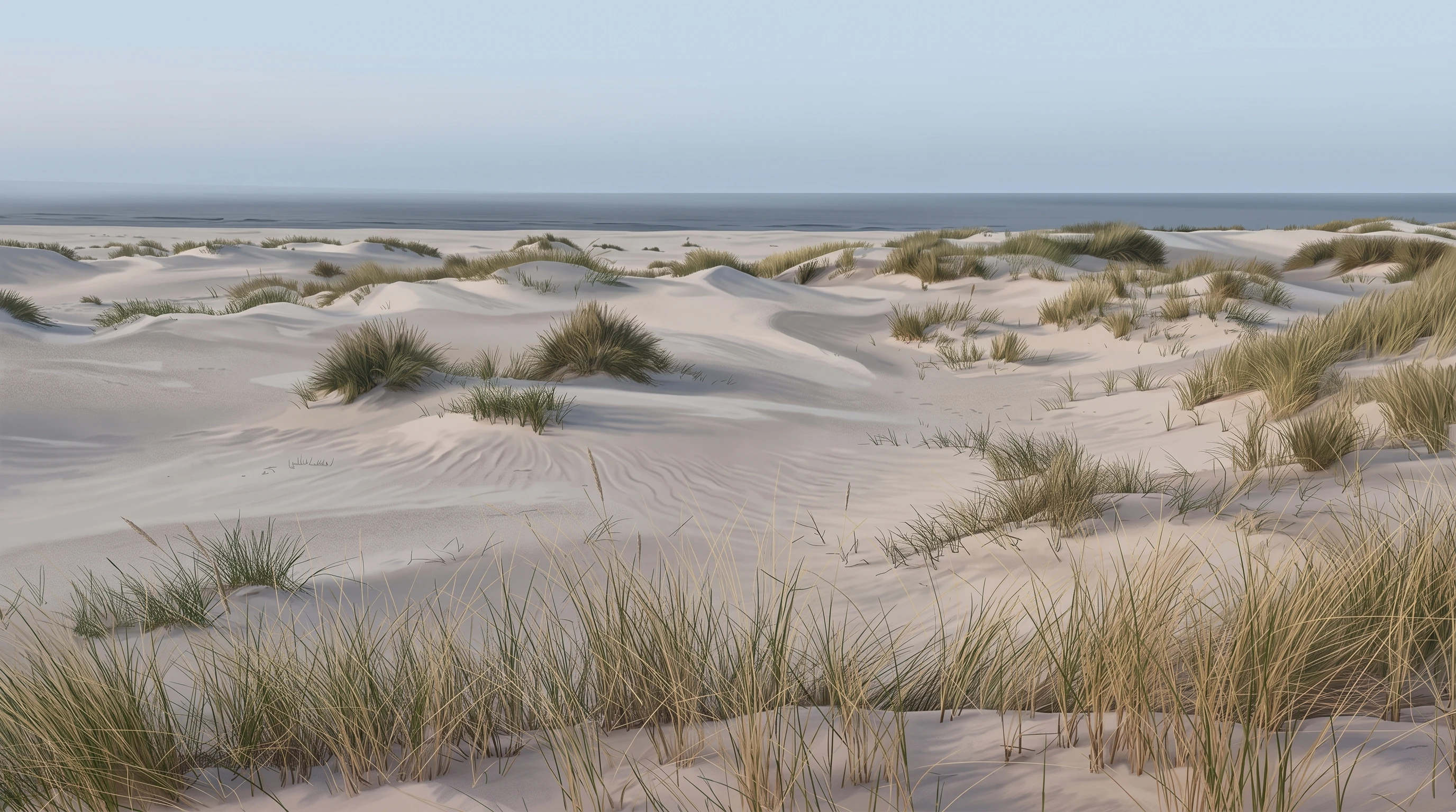 AI-created editorial illustration of the real low mobile dunes, marram grass and flat Baltic horizon on the western shore of Gotska Sandön National Park