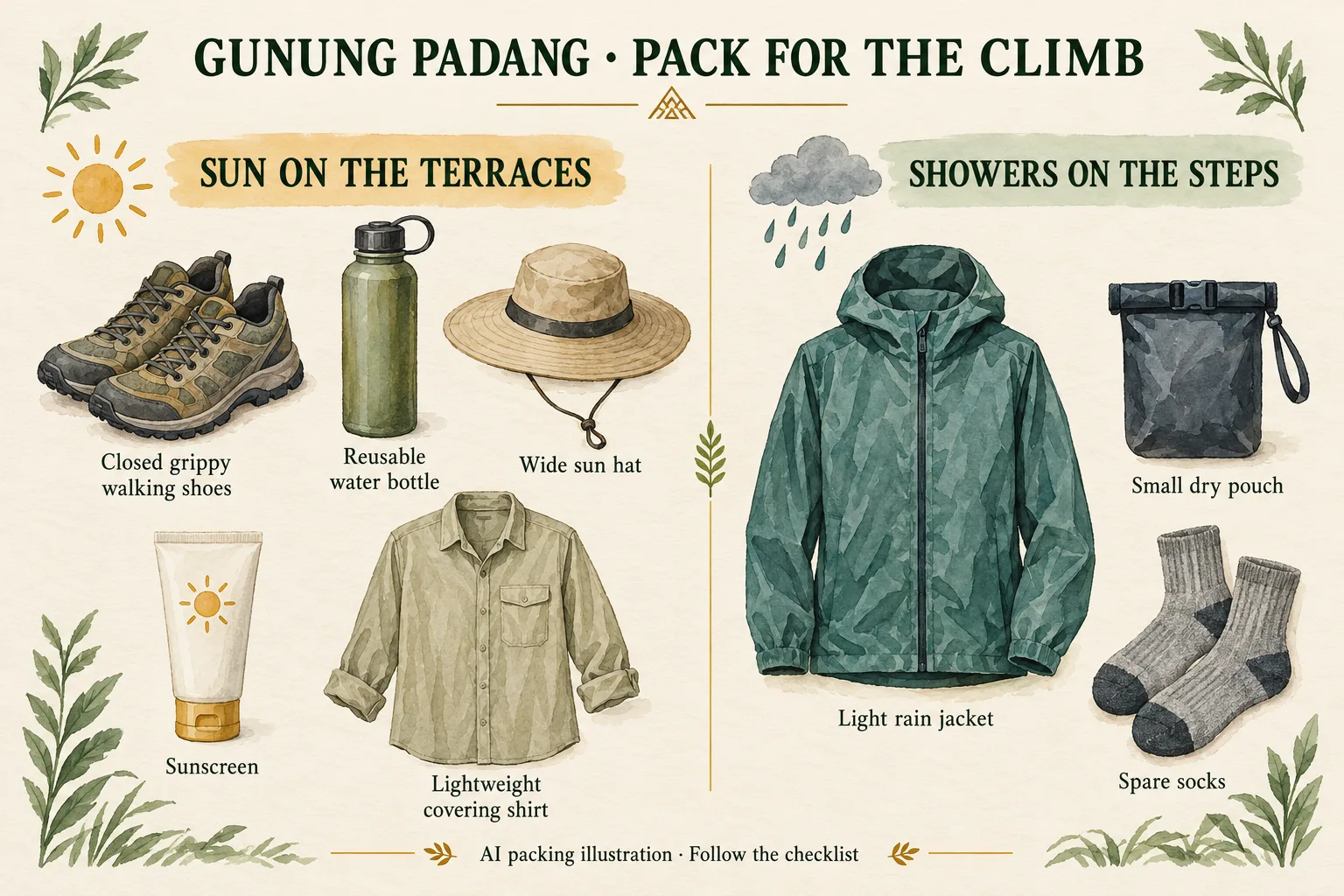 AI illustration: Suggested kit for the conditions shown. Use the readable checklist, current access advice and any operator equipment requirements.
