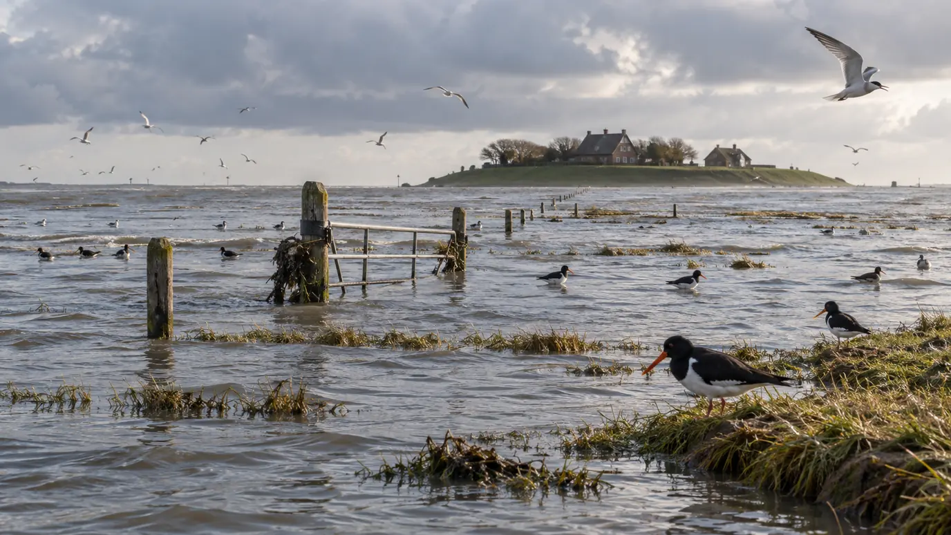 AI-created illustration: a tidal landscape with houses on raised ground