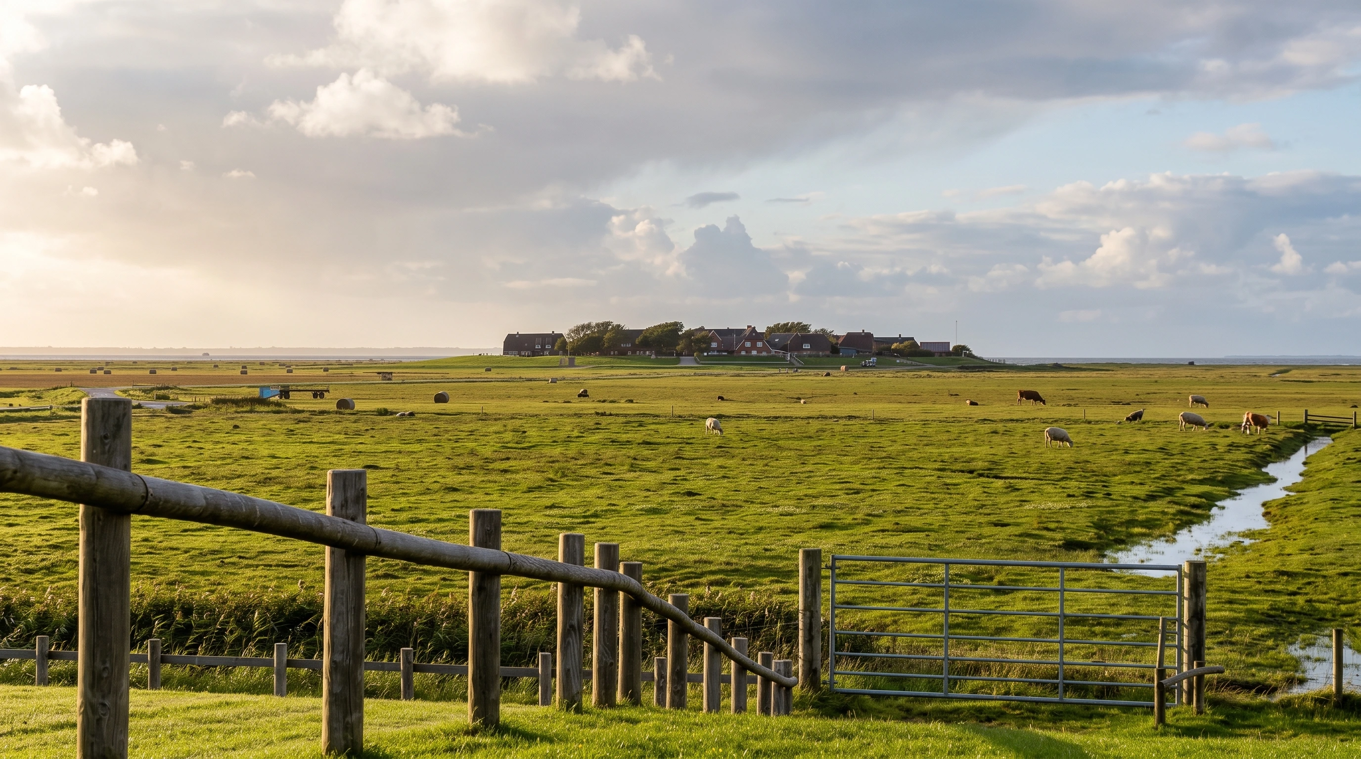 AI-created editorial illustration of the real low green pastures of Hallig Hooge leading toward the houses and trees of Hanswarft