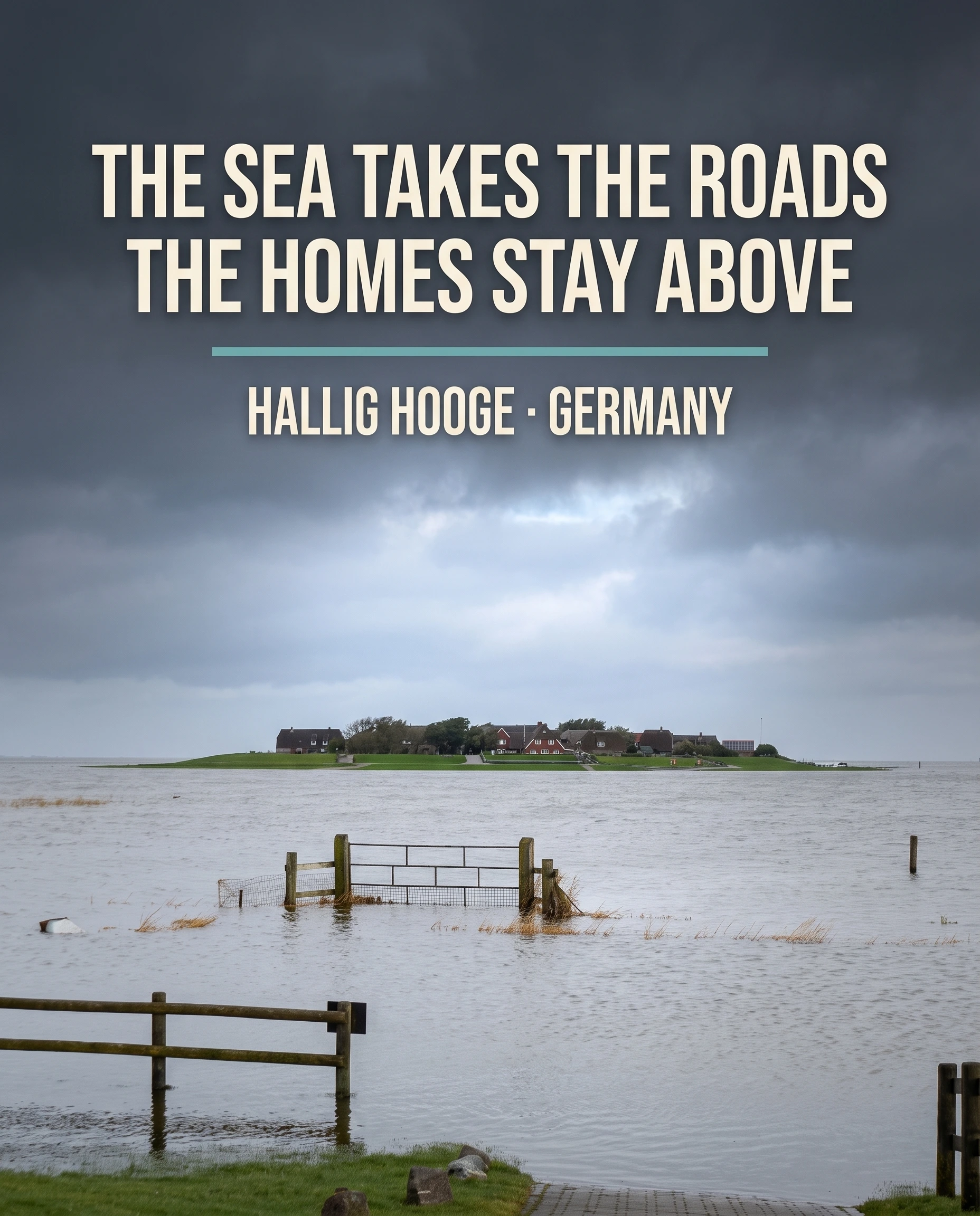 AI-created editorial illustration of a documented Landunter flood on Hallig Hooge, with roads and pasture beneath North Sea water while Backenswarft remains raised above it