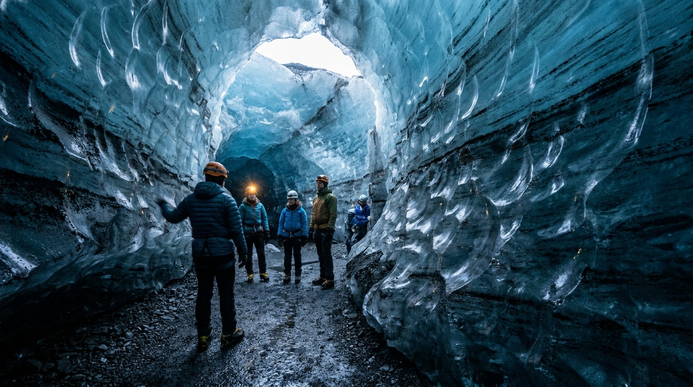 Interpretive AI-created illustration of a small guided group in helmets and crampons inside an ash-streaked blue ice cave