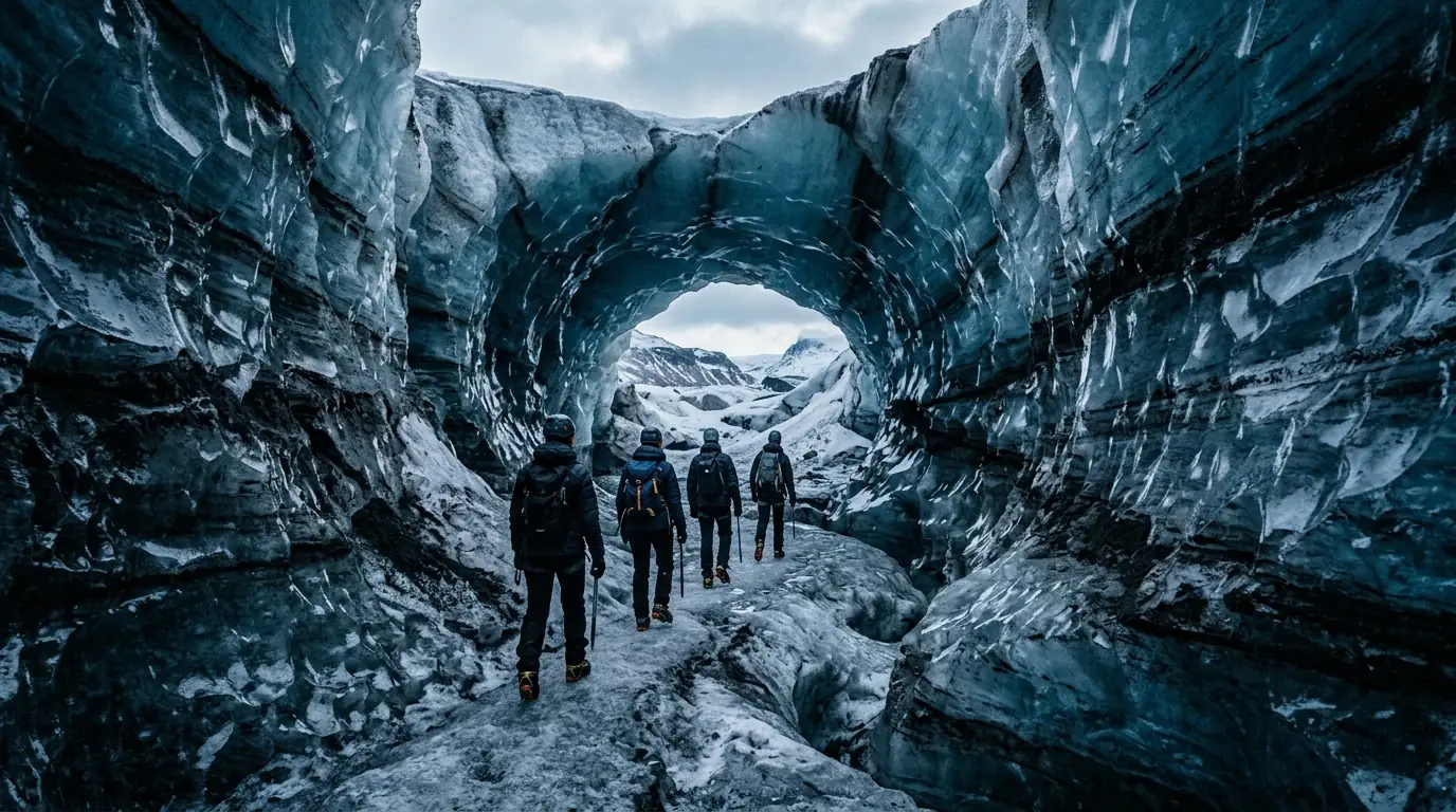 Interpretive AI-created illustration of a small guided group in helmets and crampons inside an ash-streaked blue ice cave