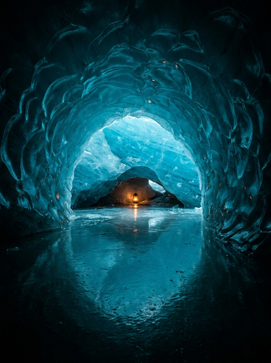 AI-created editorial illustration of a blue glacial ice cave interior, in the style of Vatnajokull, Iceland