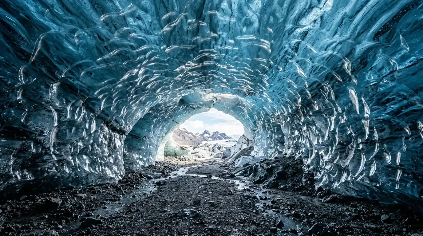 AI-created editorial illustration of a blue glacial ice cave interior