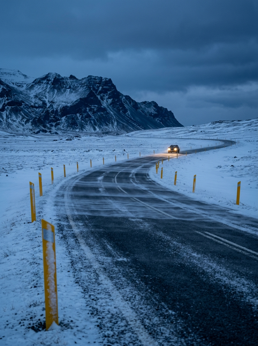 AI-created editorial illustration of snow drifting across an empty winter road at twilight in Iceland