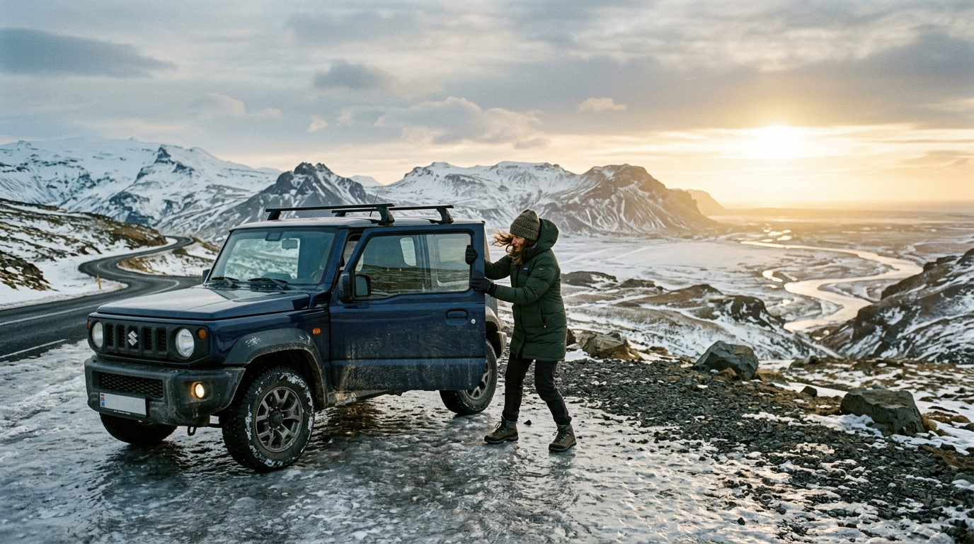 AI-created editorial illustration of a parked SUV in strong wind under a low winter sun in Iceland