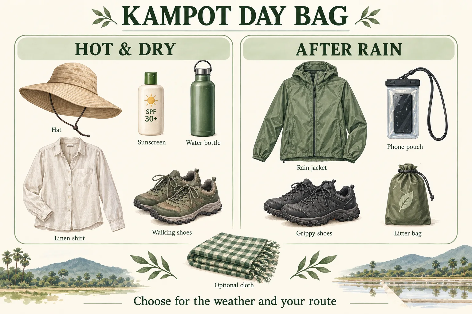 AI illustration: Hot, dry field visits: water, a hat, sun protection and light coverage. Add rain protection and a dry pouch when needed. A krama is optional. Decorative scenery is illustrative.