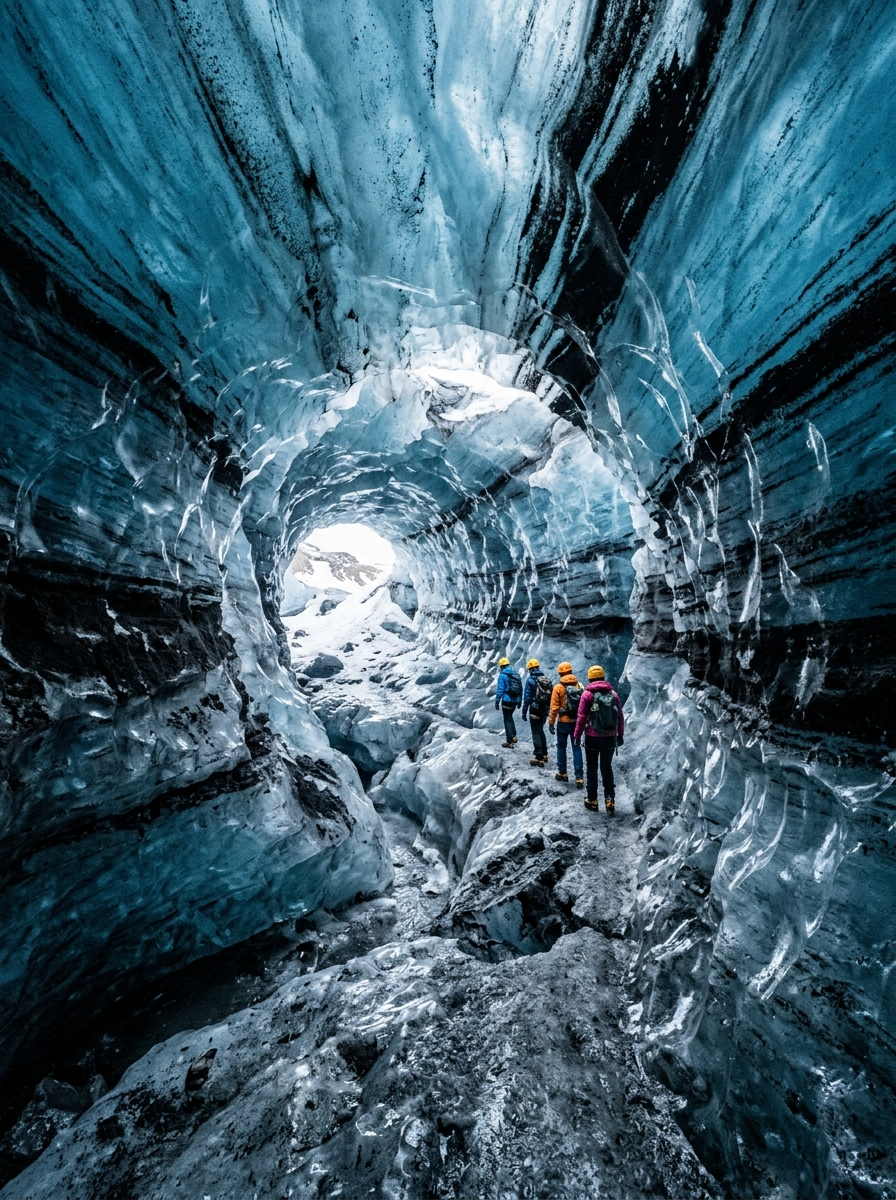 AI-created editorial illustration of ash-layered blue ice inside a glacier cave, in the style of the Katla ice cave in Kötlujökull, Iceland