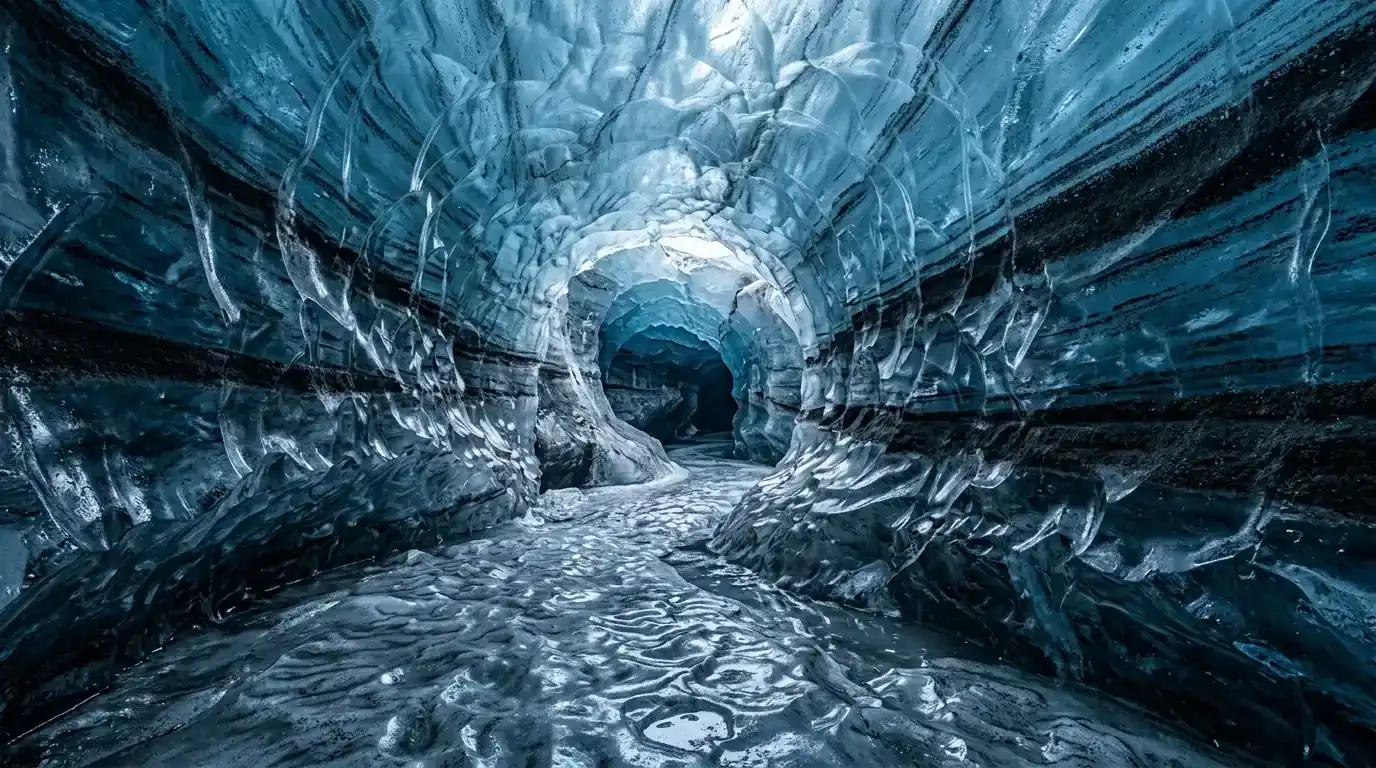 Interpretive AI-created illustration of the interior of a glacier ice cave with blue walls layered with distinct dark bands of volcanic ash