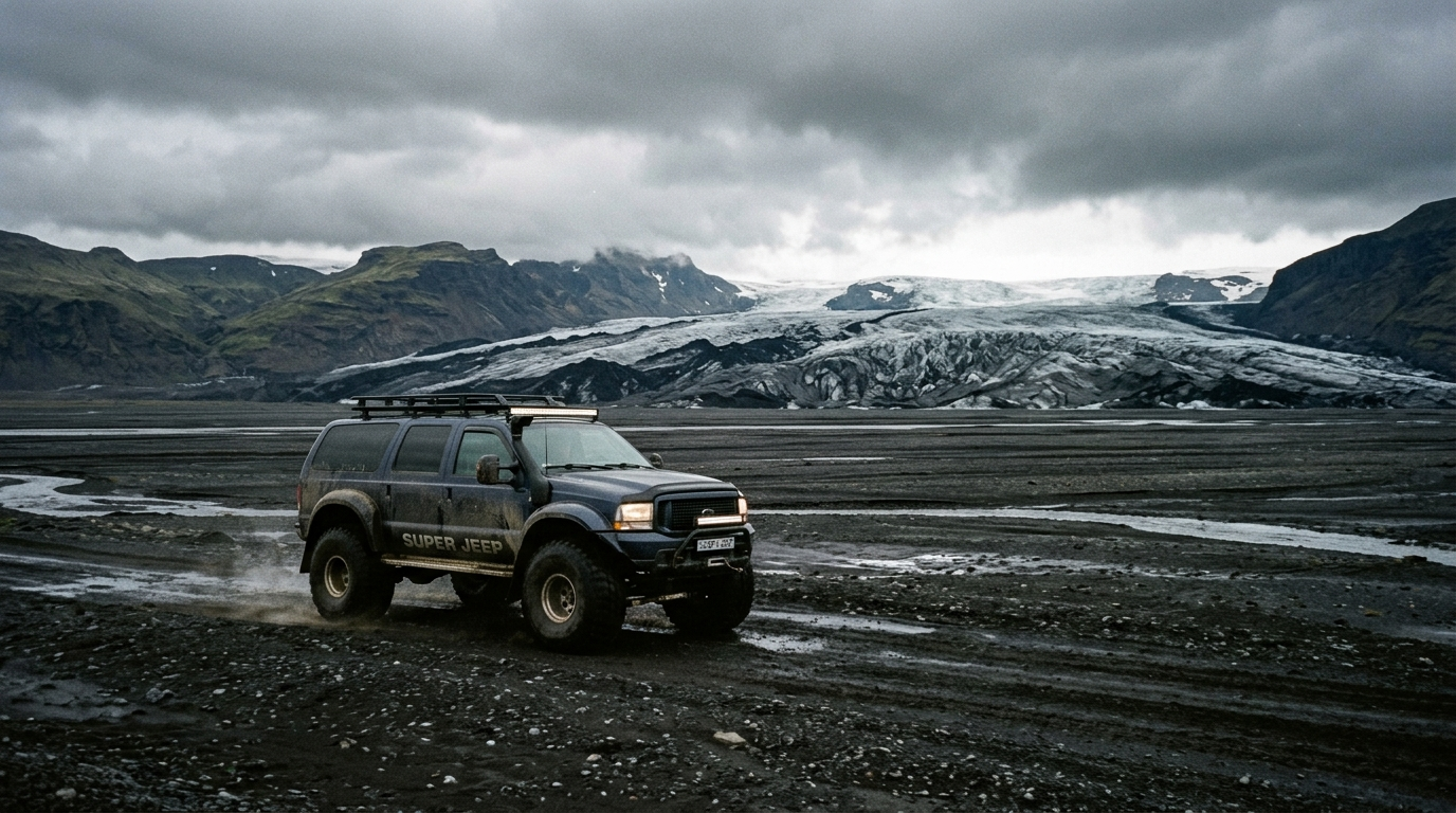 AI-created editorial illustration of a super jeep crossing a black volcanic sand plain toward the Kötlujökull glacier, Iceland