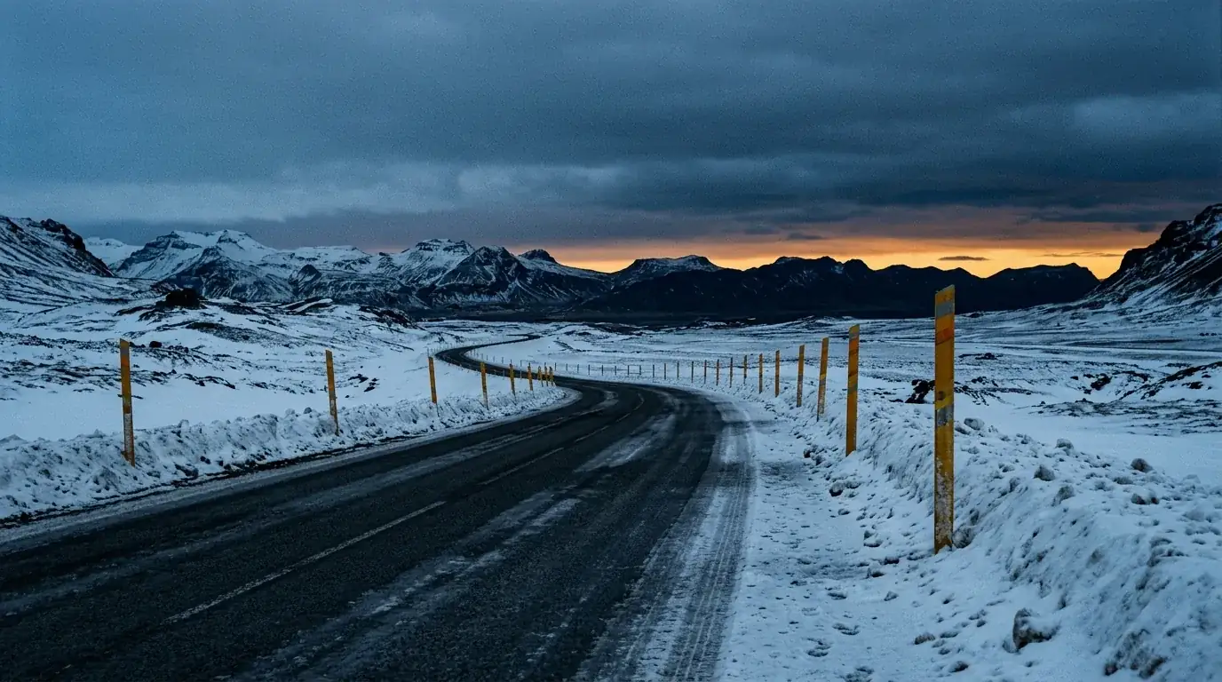 Interpretive AI-created illustration of an empty Icelandic road in midwinter twilight with snow banked along the verges and marker posts receding