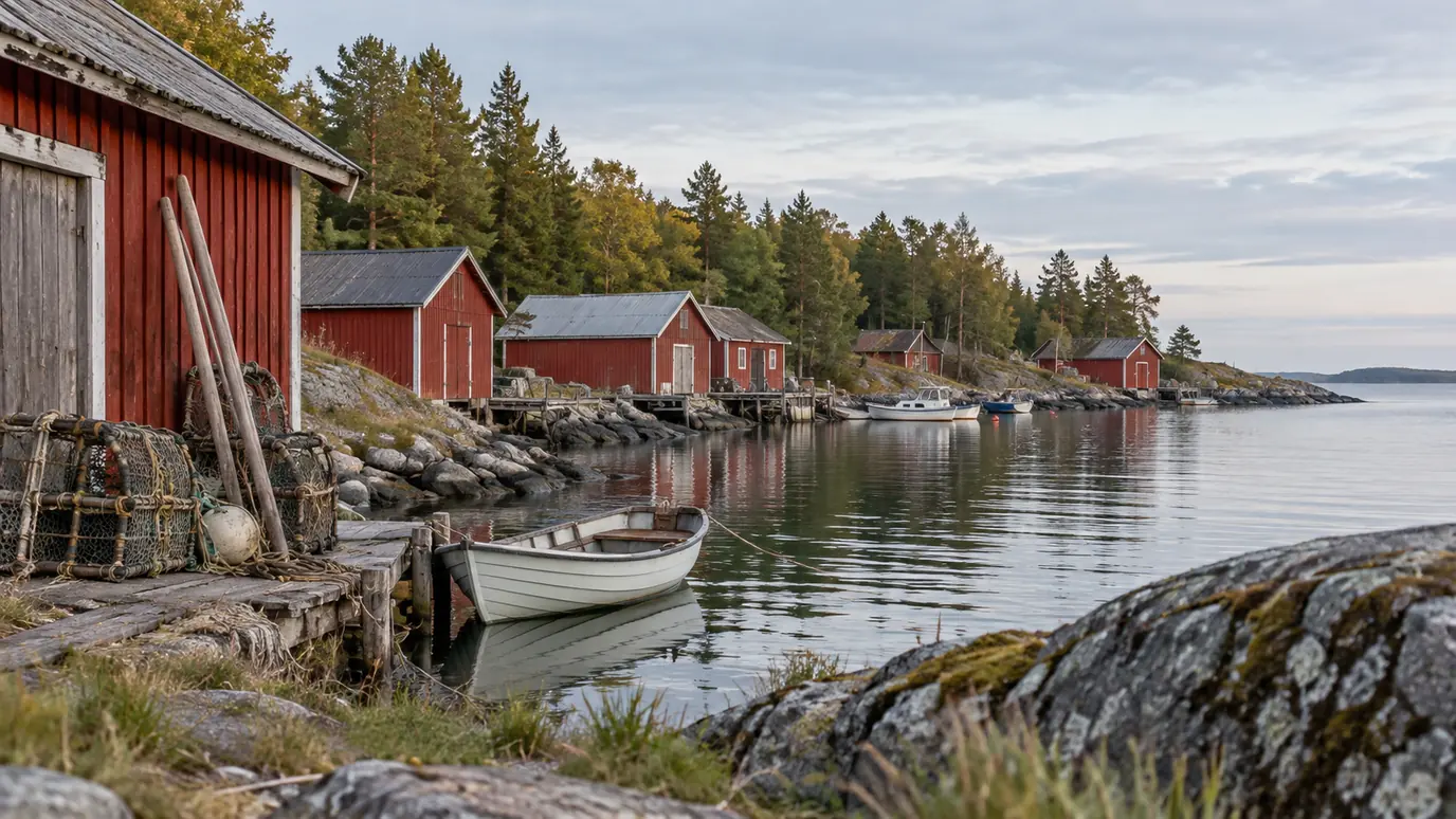 AI-created illustration: an illustrative Baltic harbour with wooden boathouses