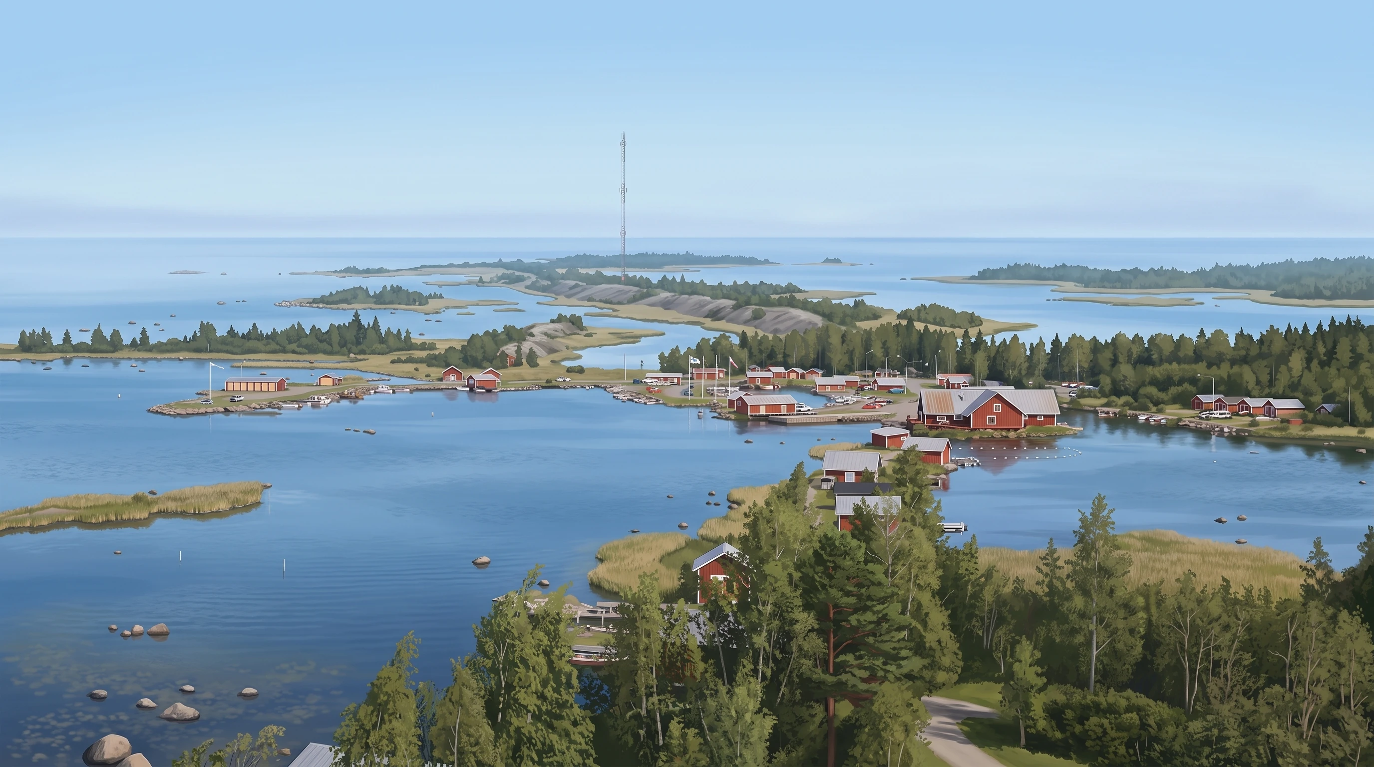 AI-created editorial illustration of the real view from Saltkaret over Svedjehamn's low wooded moraine ridges, shallow channels and harbour
