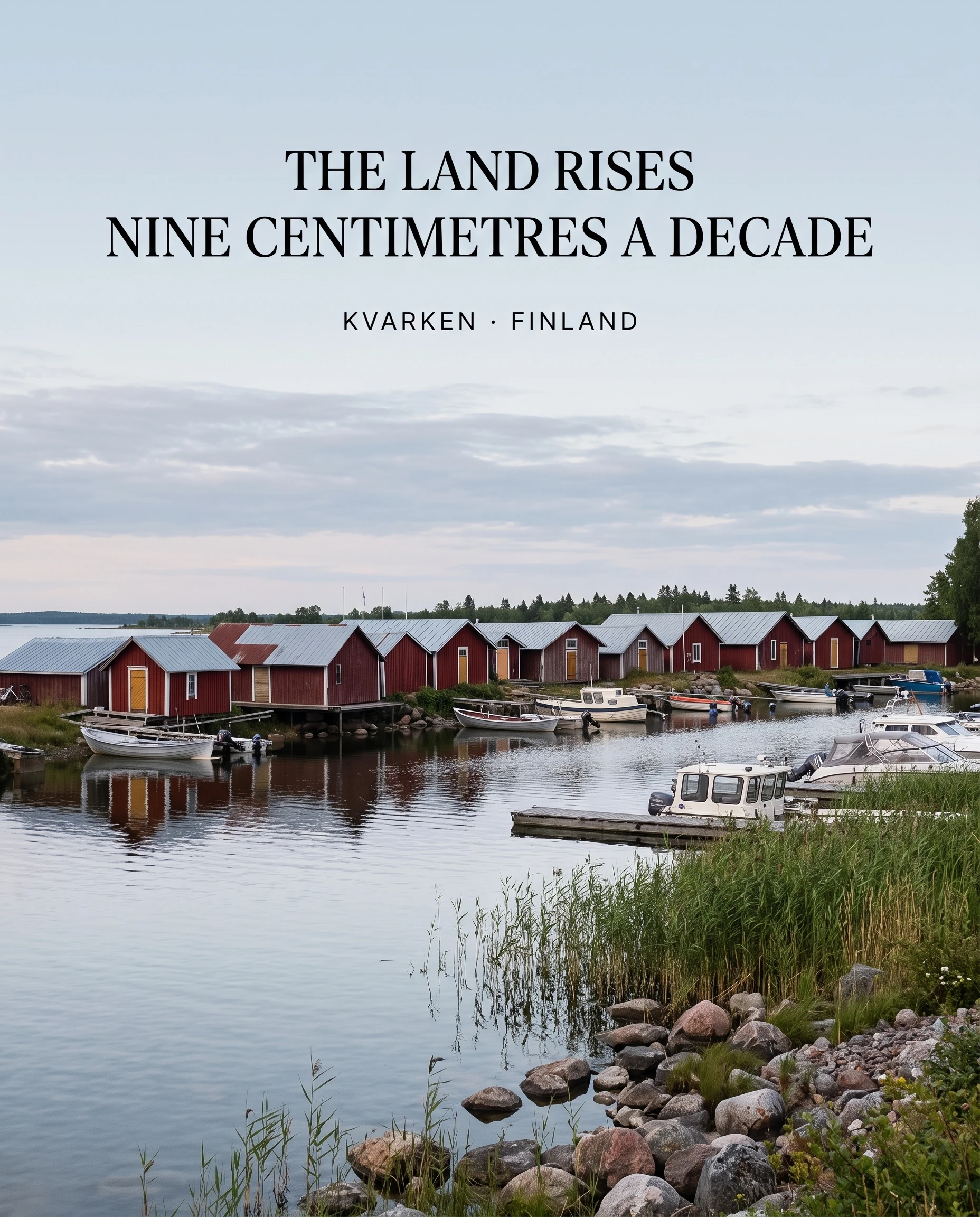 AI-created editorial illustration of the real red shoreside storehouses, small boats and low wooded harbour of Svedjehamn in Finland's Kvarken Archipelago