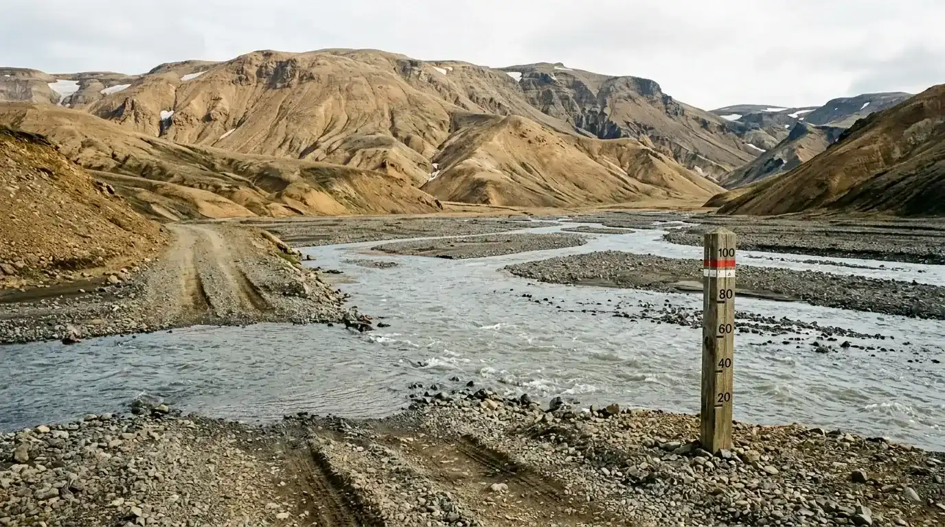 Interpretive AI-created illustration of an unpaved highland track fording a shallow braided glacial river past a depth marker post