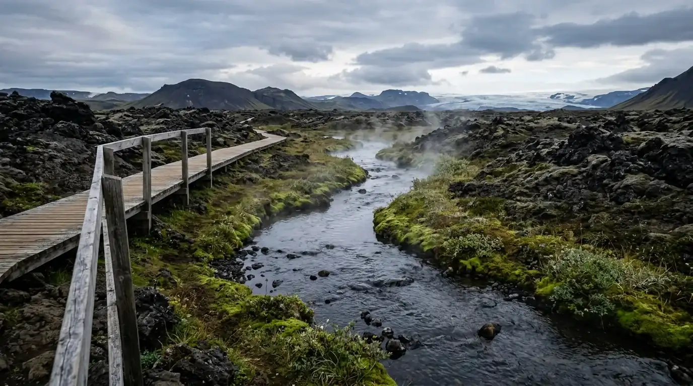 Interpretive AI-created illustration of a warm stream running through a black lava field with a simple wooden boardwalk alongside