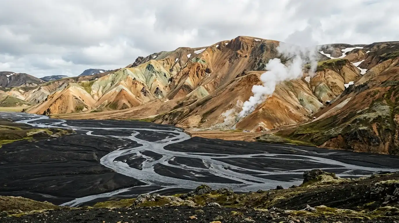 Interpretive AI-created illustration of ochre, rust and pale green rhyolite slopes with steam rising from a geothermal vent